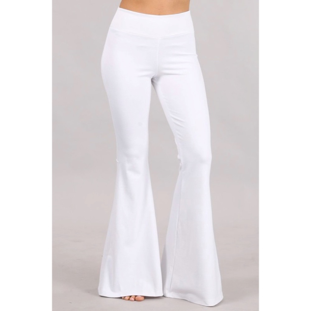 SOLD OUT White Stretch Bell Flared Ponte Pull On Tummy Control Casual Boho Pants - Picture 3 of 5